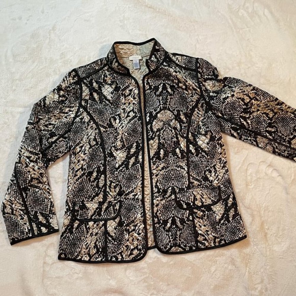 CHICO'S Metallic Gold & Black Satin Quilted Open Blazer Jacket Size 1X